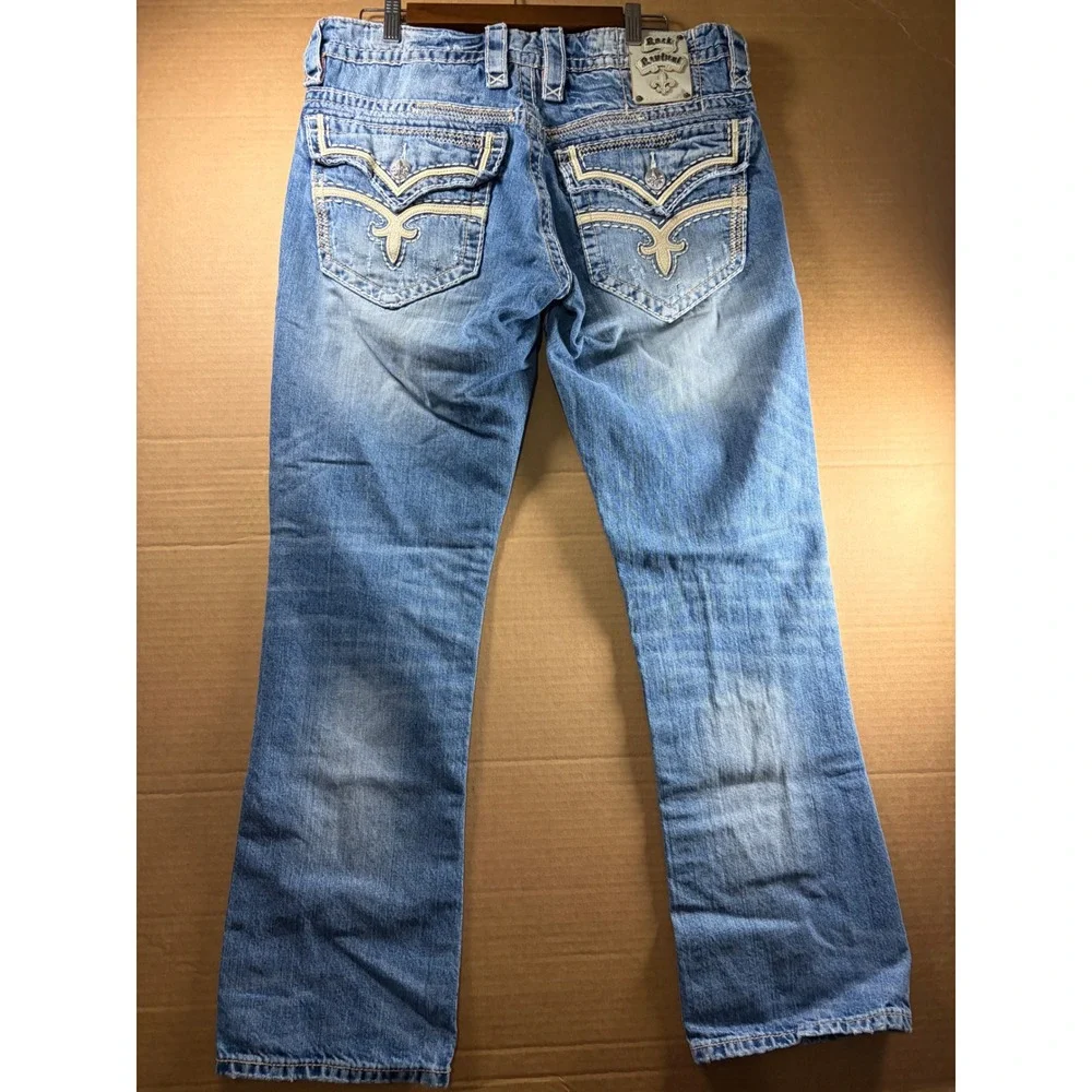 Rock Revival Richie Slim Straight Jeans Mens 34 Blue Distressed‎ Thick Stitch
